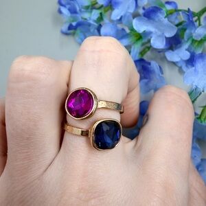 Gold Stackable Set of 2 Station Ring with Fuchsia and Blue Crystals
